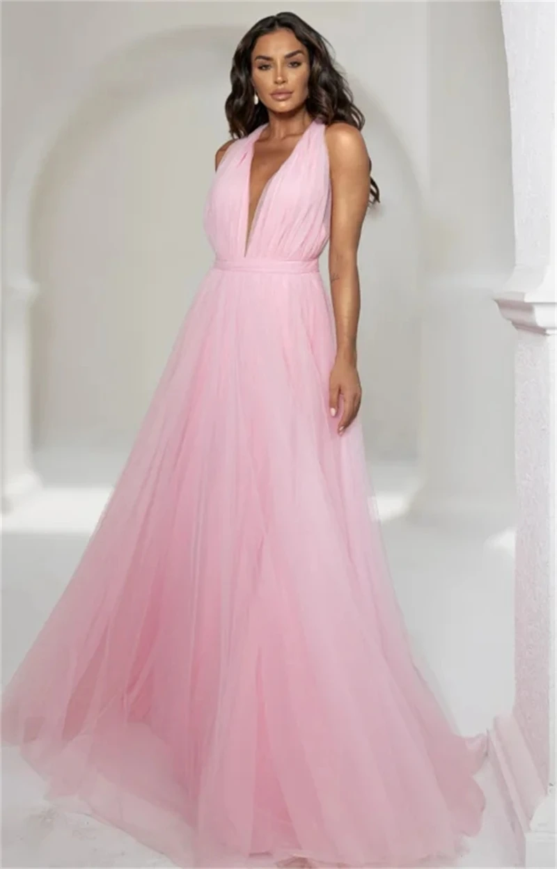 Sexy Tulle rosa profondo scollo A V abiti da sera da sera per le donne Backless A Line abito lungo formale festeggia abiti da evento Vestidos