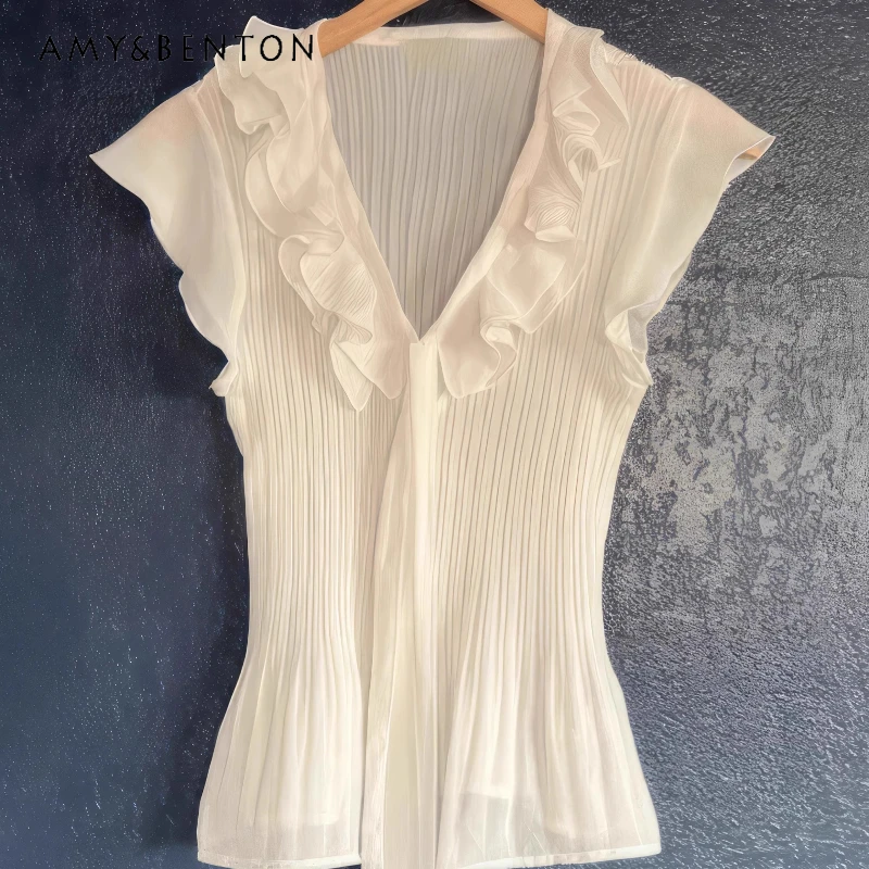 

Оригинальный дизайн, женская шифоновая блузка кофейного цвета с маленькими развевающимися рукавами, новинка лета 202, милые утягивающие рубашки с милым бантом, женские рубашки