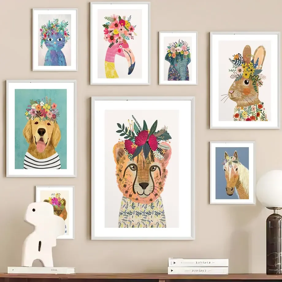 Bear Cat Cheetah Panda Elephant Rabbit Flowers Wall Art Canvas Painting Nordic Posters And Prints Wall Pictures Kids Room Decor