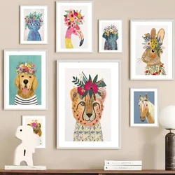 Bear Cat Cheetah Panda Elephant Rabbit Flowers Wall Art Canvas Painting Nordic Posters And Prints Wall Pictures Kids Room Decor