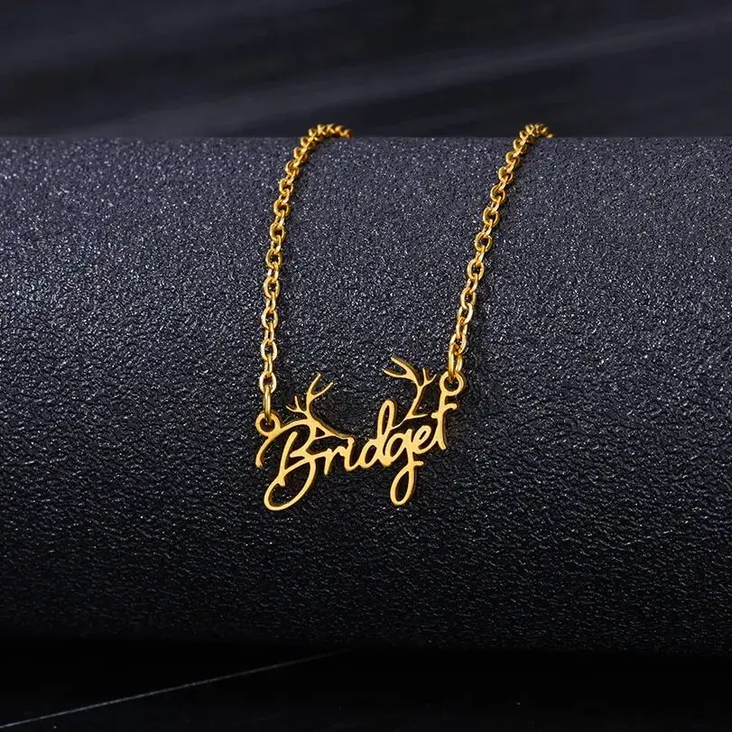 

Custom Name Necklaces For Women With Elk Antlers Gold Color Personalized Name Stainless Steel Necklace Christmas Jewelry Gift