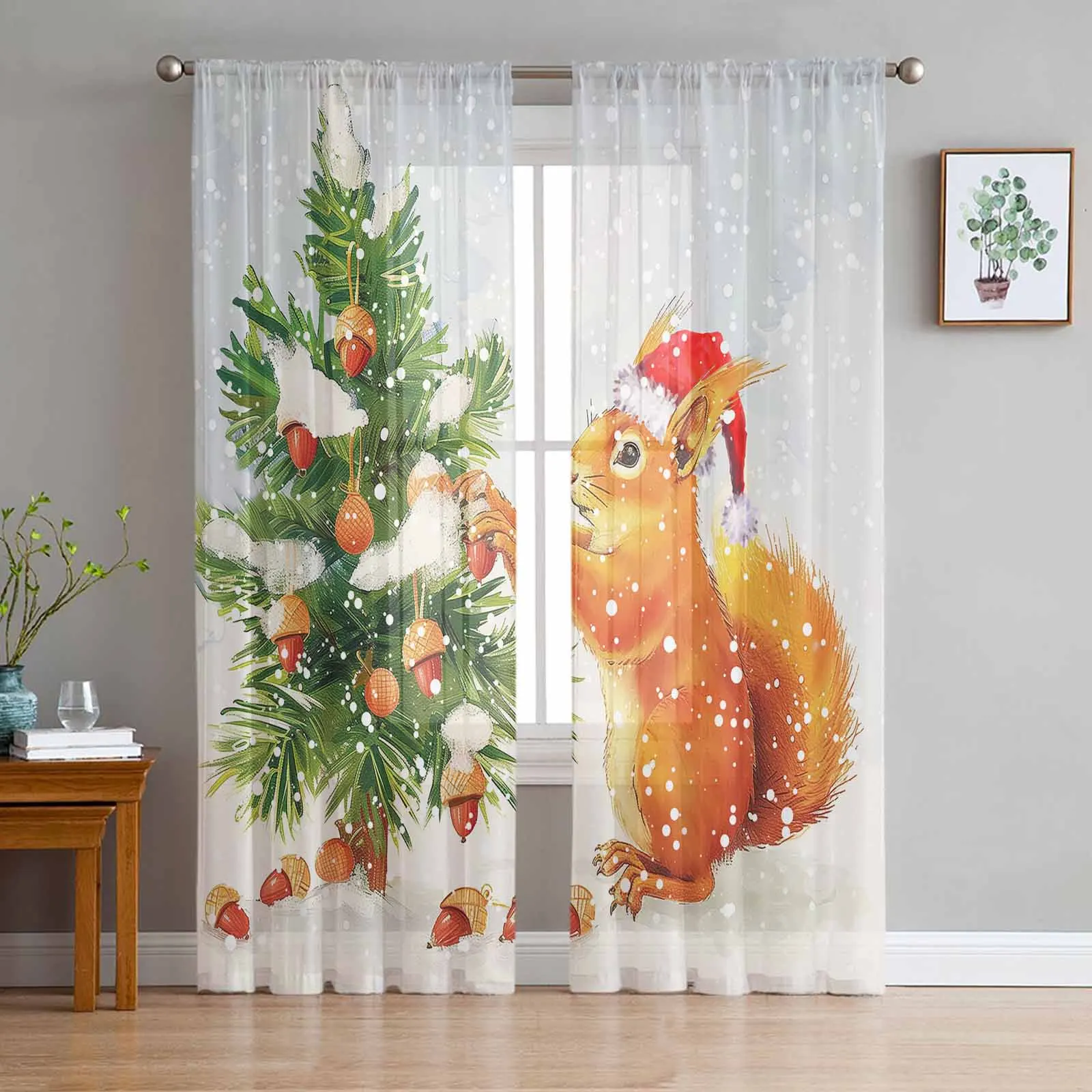 Christmas Tree Squirrel Snowflake Watercolor Window Treatment Tulle Modern Sheer Curtains for Kitchen Living Room Curtains Decor