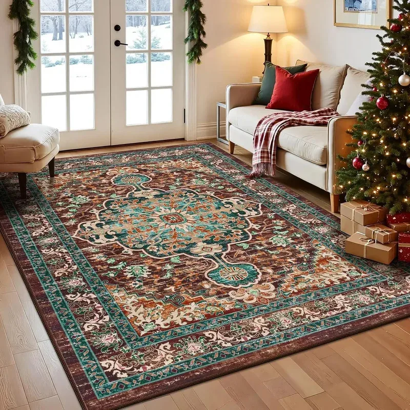 VIKAMA Vintage Persian Oriental Rug with Floral Pattern, Non-Slip Rug, Ideal for Living Room and Bedroom Vintage Decor