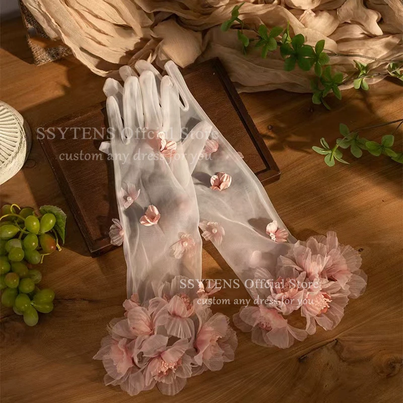 قفازات زفاف طويلة من التول الأبيض الوردي الحلو حالمة جديدة - إكسسوارات فستان سهرة أنيقة لحفلات الزفاف لوصيفة العروس #2