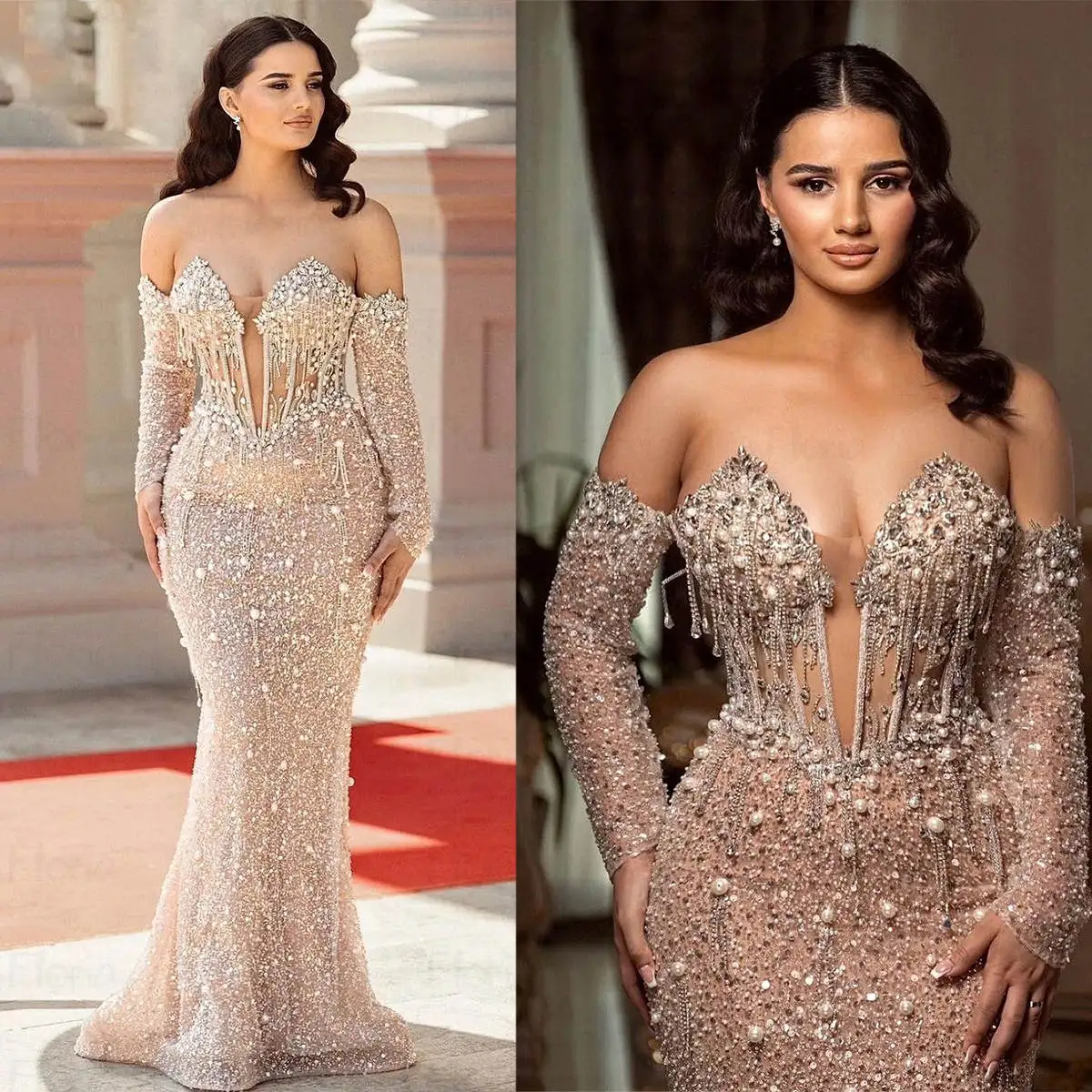 Elegant Mermaid Evening Dresses Off Shoulder Long Sleeve Beading Crystal Formal Prom Party Gowns Dresses For Special Occasions