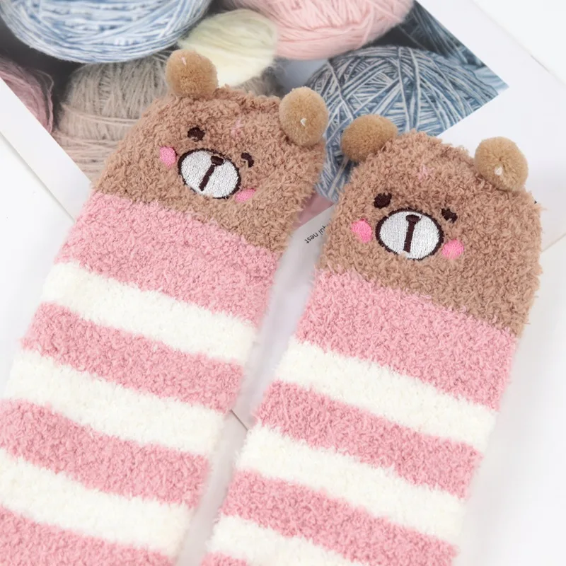 Women Girl Cute Winter Striped Coral Velvet Long Socks Warm Thicke Knee Length Socks Cute Bear Fox Sheep Home Towel Stockings