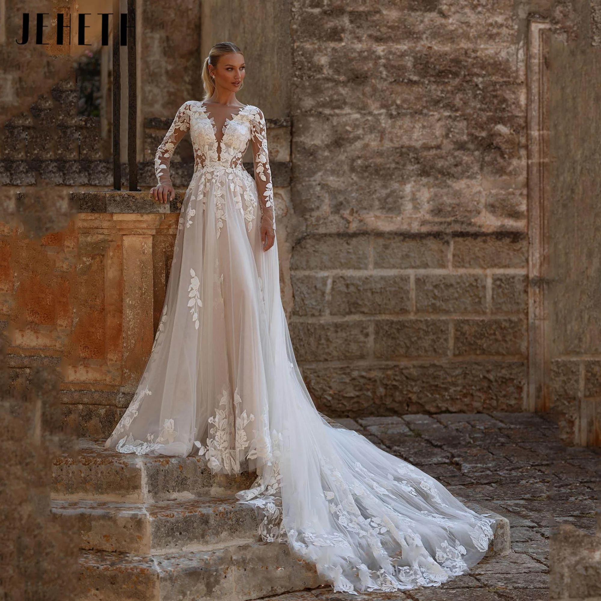JEHETH ディープ V ネック アップリケ 高級ウェディングドレス 長袖 A ライン ロマンチックなブライダルガウン バックレス ベスティドス デ ノビア カスタマイズ
