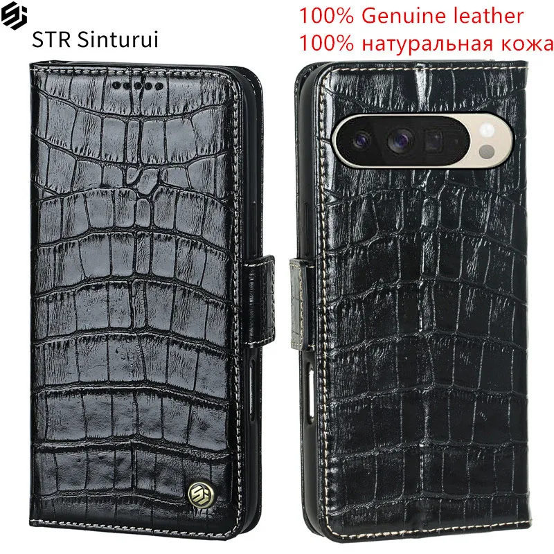 

STR Genuine crocodile grain leather card Slot Wallet Cover For Google Pixel 10 9 8 7 6 Pro 4 XL 10a 9a 5a shockproof phone Case