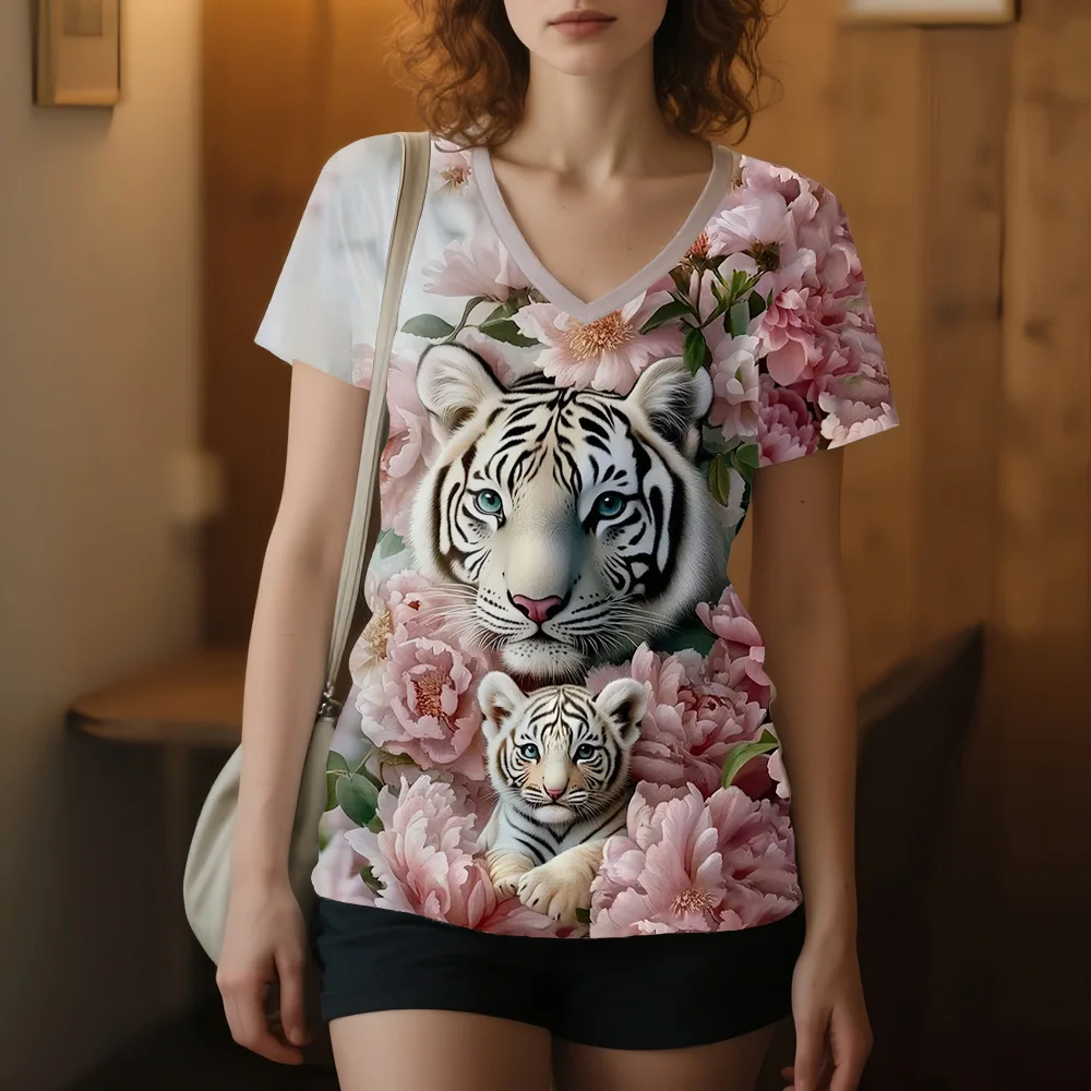 

Summer Vintage Tiger Print Women's T-Shirt Clothes Fashion V-Neck Harajuku Street Short Sleeve Tee Casual Y2k Woman Clothes Tops