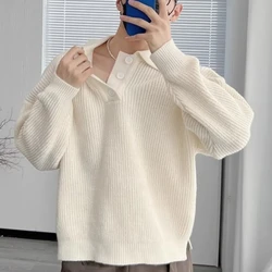 American Summer Men's 2024 New Spliced Turn-down Collar Button Fashion Solid Loose Versatile Casual Long Sleeve Knitted Top