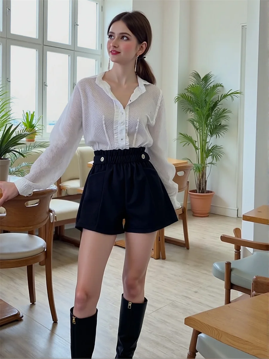 Black Woolen Wide Leg Shorts Womens Pleated Skort Women Chic Office Lady Elegant Button Ruffle Slimming Fashion Cute Preppy Blue