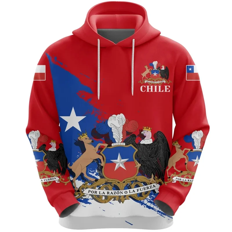 Vintage Chile Map Flag 3D Printing Hoodies Republic-of Chile Coat Of Arms Graphic Hooded Sweatshirts Mens Clothing Pullovers Top