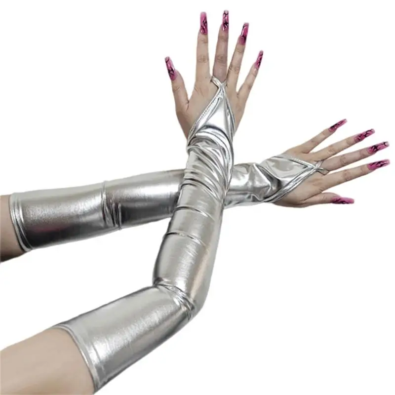 39BD Dehnbare, glänzende Handschuhe mit weichem Futter, 48 Länge für Tanzaufführungen und klassische Mode – Detail 2