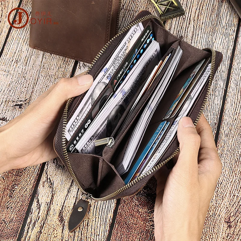 Handmade Long Zipper Crazy  Leather Wallet Simple Youth Genuine Cowhide Men's Retro Casual Mobile Phone Bag Handbag