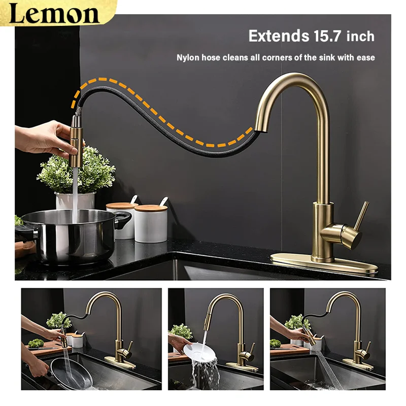 CHOOXIWU-Brushed Gold Kitchen Faucet Pull Out Kitchen Sink Water Tap Single Handle Mixer Tap 360 Rotation Kitchen Shower Faucet