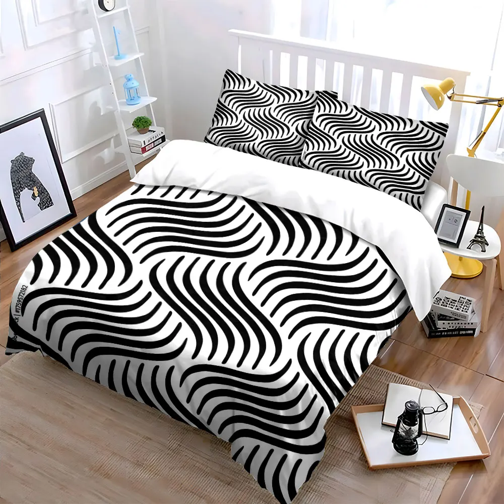 Black wavy line pattern Print Soft Comfortable Duvet Cover Bedding Set Included 1*Duvet Cover 2*Pillowcases Luxury Gift 2