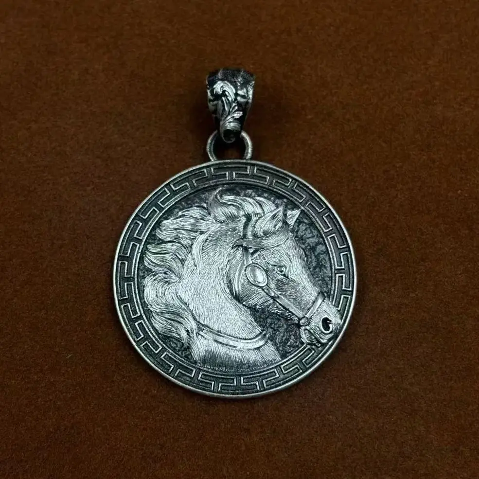 

S925 sterling silver horse to success pendant male round plaque zodiac pendant female pendant gift