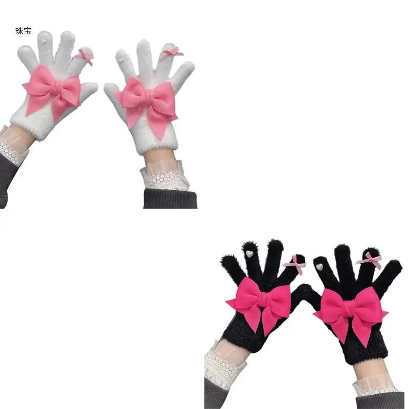 

X5QE Lovely Large Bowknot Screentouch Gloves Soft Knitted Hand Warmer for Writing