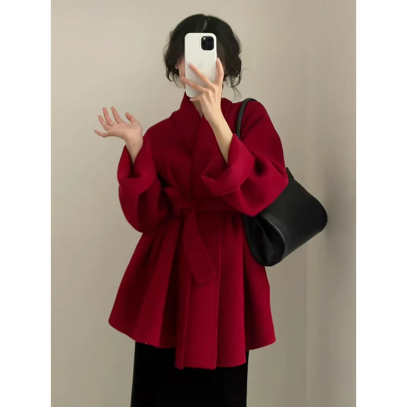 Red Double-faced Wool Coat for Women, 2025 Autumn and Winter New Short Cape with Belt, Thick Woolen Jacket