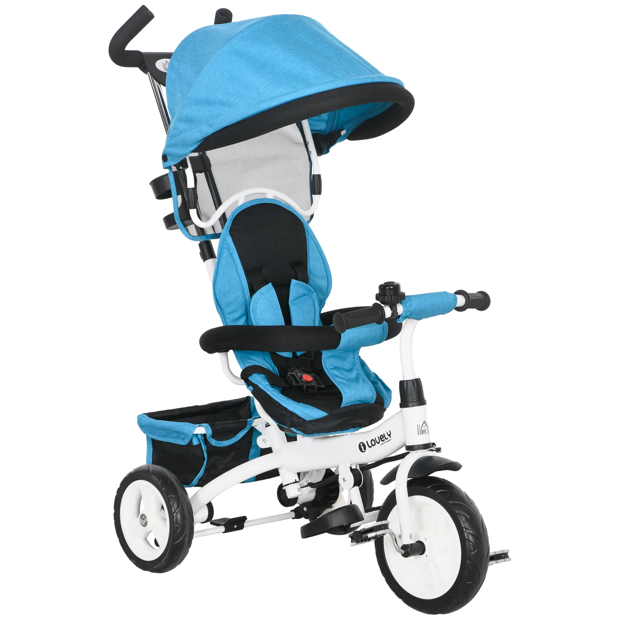 HOMCOM baby tricycle 6 in 1 with awning folding safety belt Blue