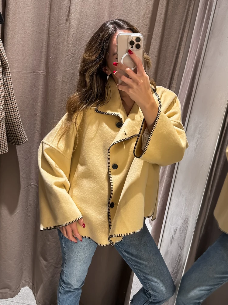 HH 2025, Mode Frau Jacken Casual Lose Dünne Mantel Herbst Elegante Frauen Langarm Rollkragen Einreiher Design Mantel