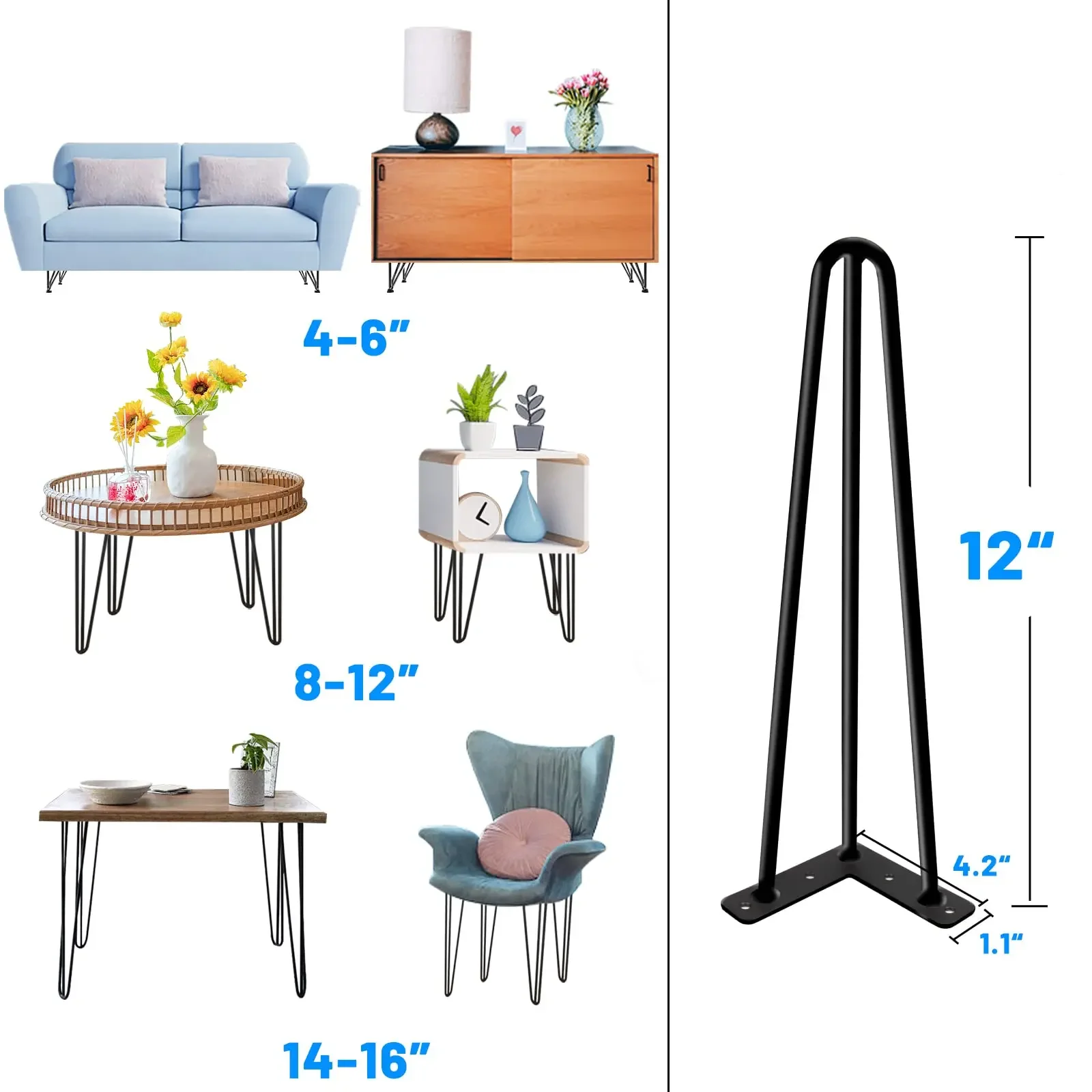 4Pcs Metal Table Legs 3-Rod Hairpin Furniture Legs DIY Home Dining Desk Coffee Table Feet with Rubber Floor Protectors