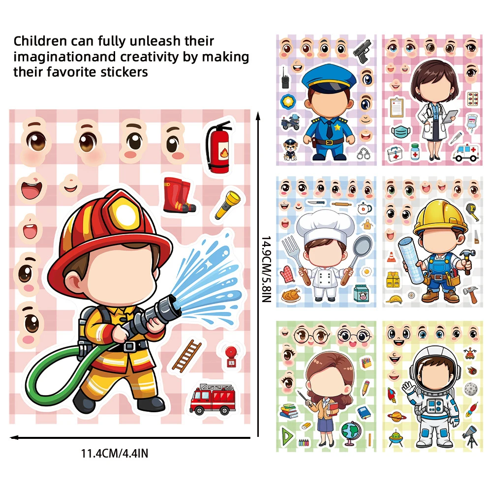 8/16 fogli Divertenti cartoni animati Occupazione Puzzle adesivi Crea un viso Telefono portatile fai da te Assemblare Jigsaw Education Decorazione adesivo