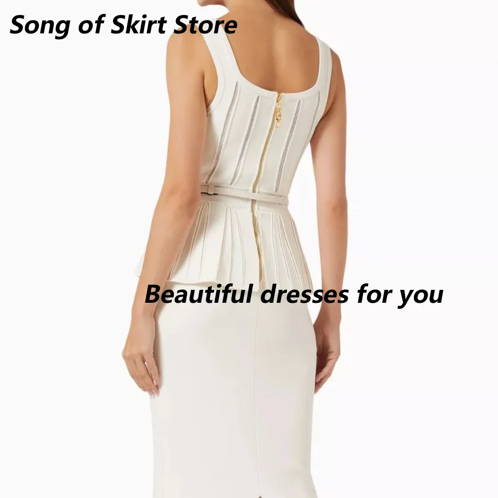 Customized Ivory Knit Mother Of The Bride Gown Square Sleeveless Peplum Gold Belt High Slit Mermaid Floor Wedding Guest Dress