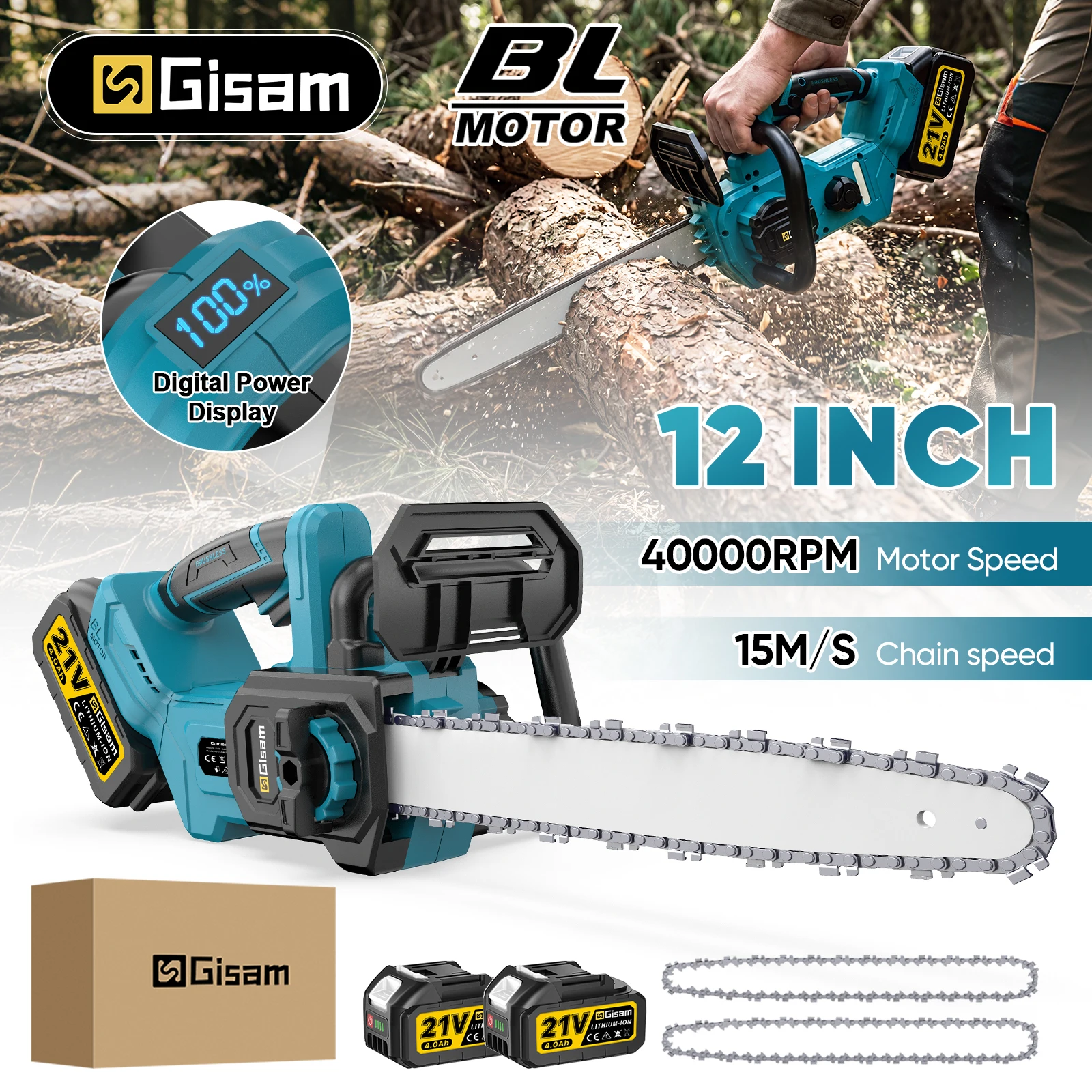 Gisam Brushless 12Inch Electric Chainsaw Woodworking Cordless Chain Saw Garden Cutting Pruning Power Tool For Makita Battery Pin