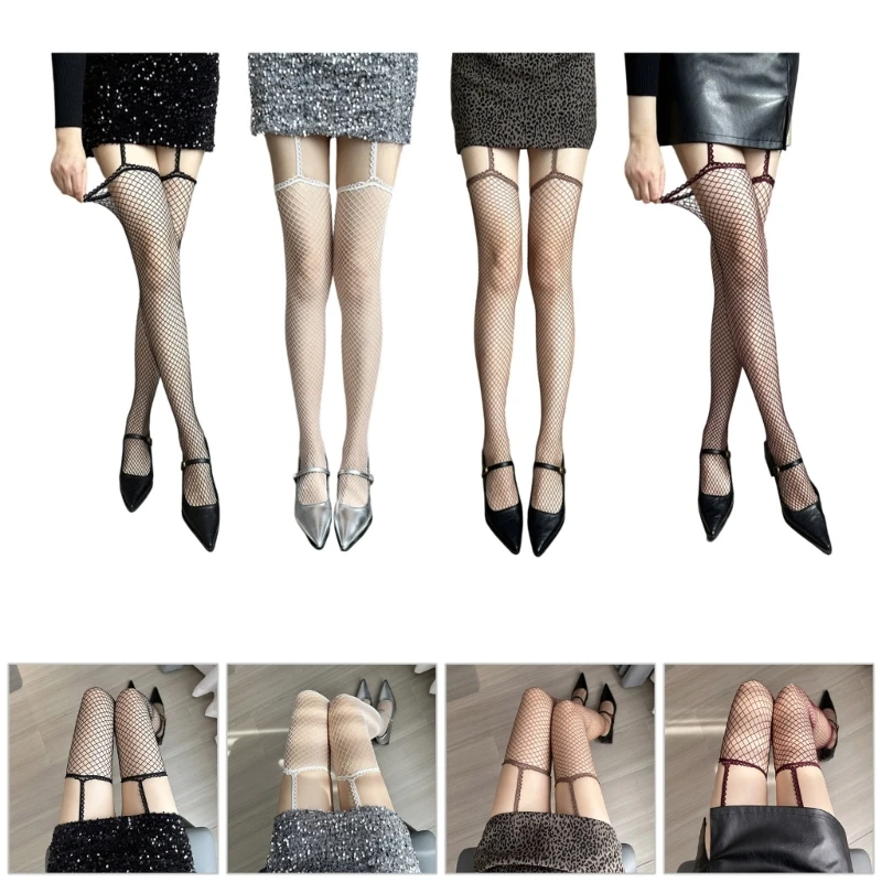 

E15F Net Stockings Garter Belt Tights Suspender Pantyhose Fishnets Thigh High Stockings Hosiery for Women Girls