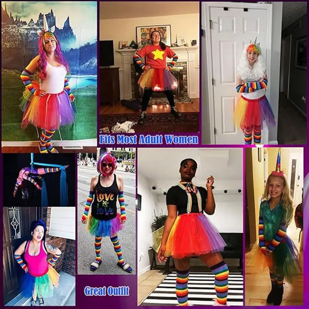 تنورة توتو قوس قزح ملونة، عصابة رأس جميلة من الريش، جوارب وقفازات مخططة بألوان قوس قزح، مجموعة أزياء قوس قزح ناعمة لعيد الفخر