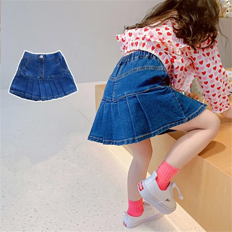 Summer Baby Girls Skirts New Fashion Kids Blue Ruffles Button Elastic Waist A-Line Denim Short Skirt