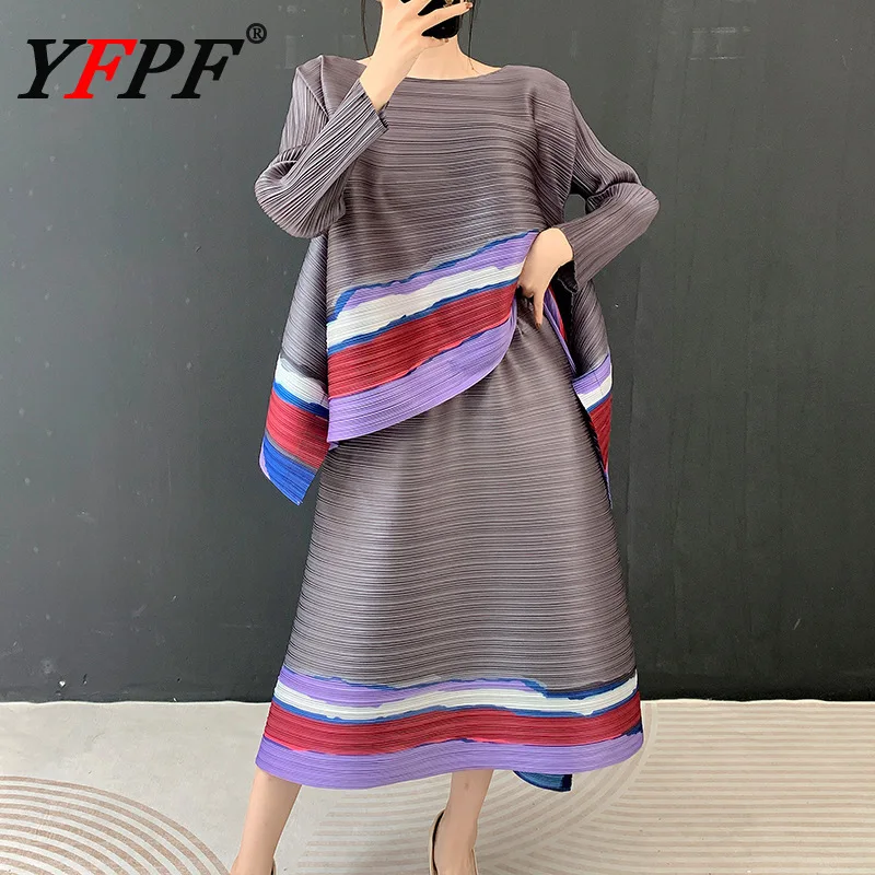 

YFPF плиссированный модный женский комплект из 2 предметов с принтом, свободные топы с длинными рукавами, юбка трапециевидной формы, повседневная весенняя новая одежда 2026 г.