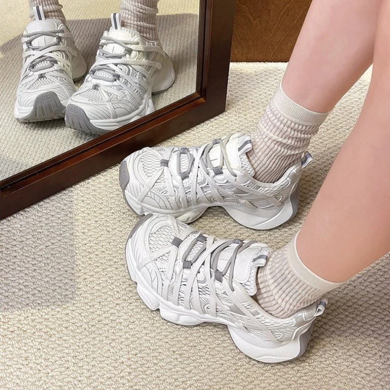 Fashion Women's Sneakers Chunky Sole Students Basketball Sport Shoes Causal Versatile Mesh Breathable Trendy Running Footwears