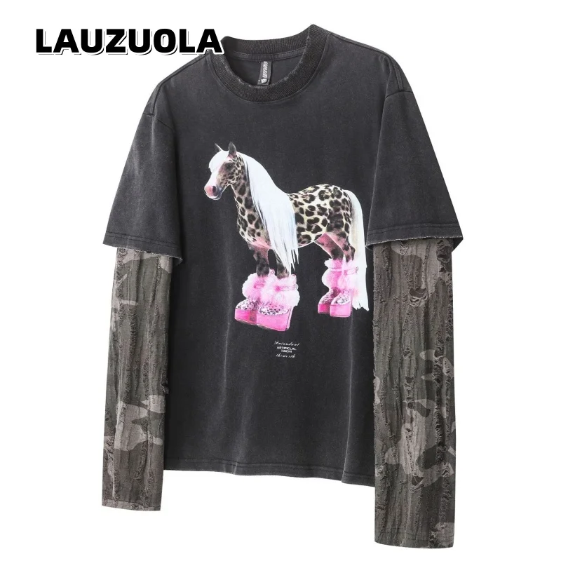 Men's Funny Horse Print Fake Two Piece Long Sleeve T Shirt Vintage Camo Patchwork Oversized Tee Streetwear Hip Hops Casual Top