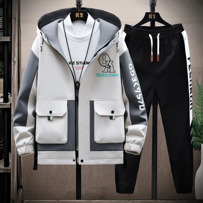 

Спортивный костюм мужской из 2-х предметов, повседневная спортивная одежда, куртка с капюшоном, штаны, костюм для бега в стиле хип-хоп, осень