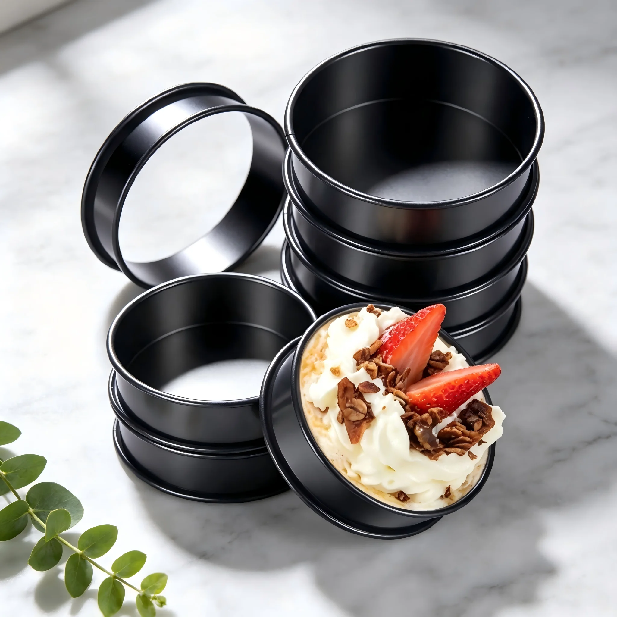 6Pcs Round Tart Ring Set, Food Grade Stainless Steel, Black Non-Stick with Smooth Cutting Edge, Round Egg Tart & Mousse Rings