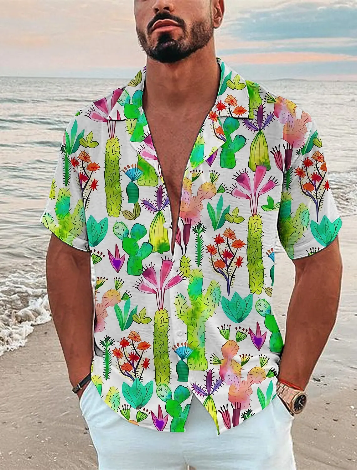 Men\'s Shirt Cactus 3D Print Men\'s Clothing Oversized Summer 2024 New Travel Hawaii Beach Hawaiian Harajuku Short Sleeves Shirt