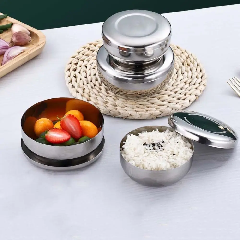 Kitchen Tool Stainless Steel Korean Rice Bowl with Lid Fall-proof Pickle Container Unbreakable Ramen Bowl Children