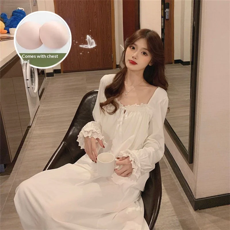 Plus-Size Spring and Autumn Nightgown with Chest Pad, Vintage Style Lace, Loose, Comfortable, Breathable Home Long Dress