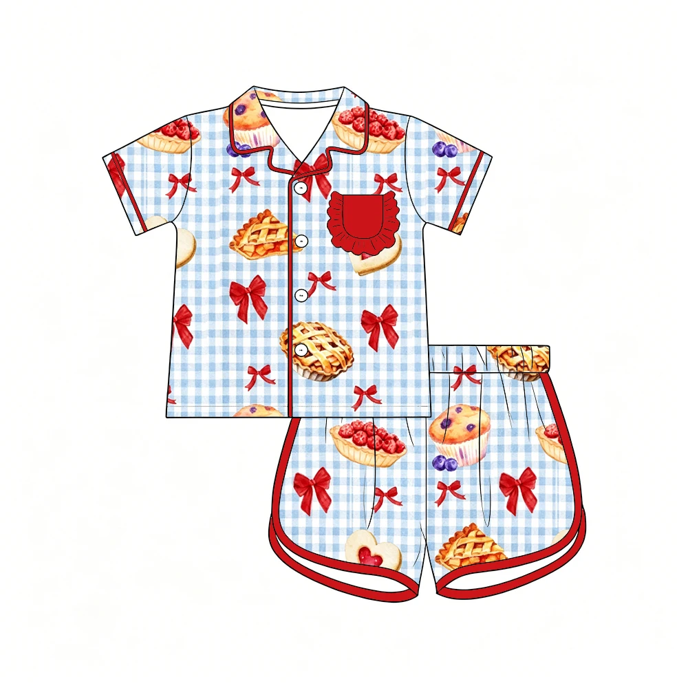 Boutique Children's Set Lapel Short-Sleeved Shirt and Shorts Pocket Ruffle Cherry Strawberry and Apple Pie Print Girls Set