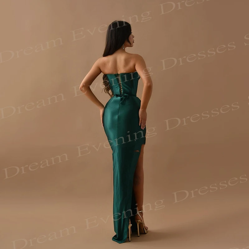 Graceful Dark Green Mermaid Simple Evening Dresses Sexy Strapless Sleeveless Stain Prom Gowns With Side Slit Vestidos De Noche