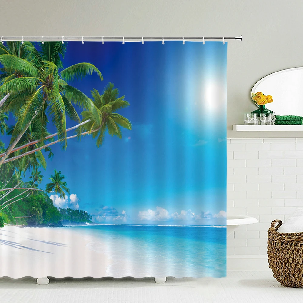 Seaside Sea Beach Sea Wave Coconut Tree Shower Curtains Bathroom Curtain Frabic Waterproof Polyester Bath Curtain with Hooks