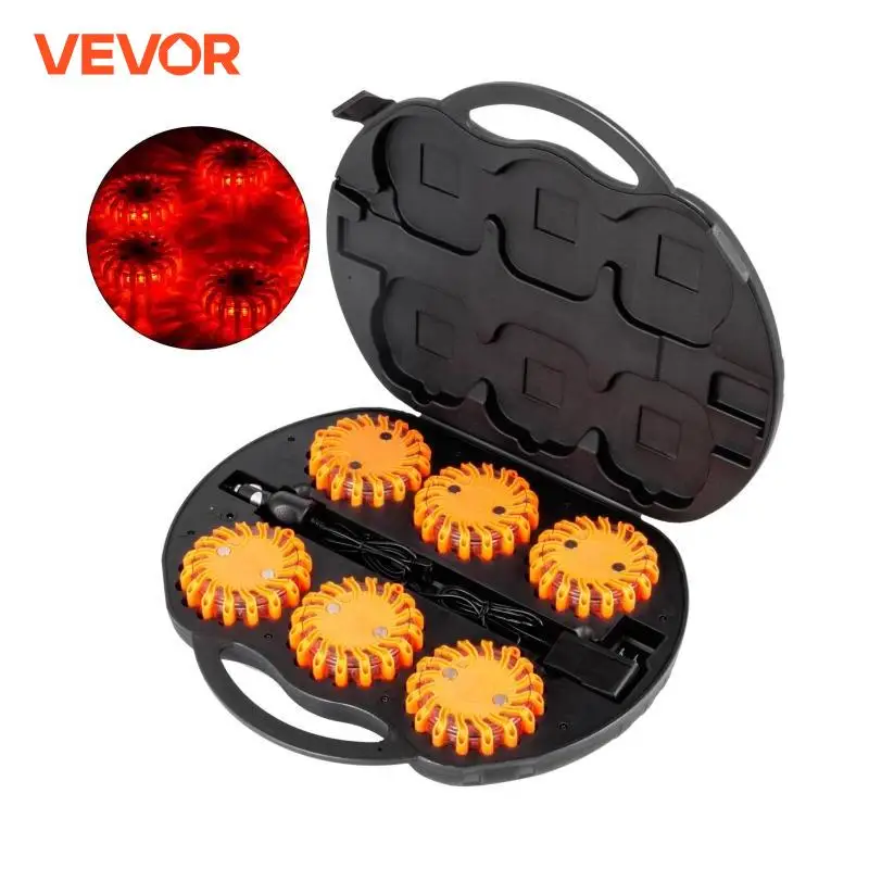 VEVOR 6 PCS LED Road Flares Emergency Lights Roadside Safety Beacon Disc Flashing Warning Flare Kit W/Charger & Carrying Case