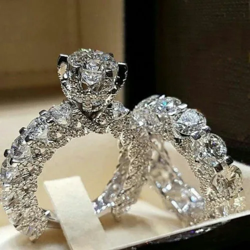 New eight hearts and eight arrows zircon ring, classic round full diamond engagement silver ring.