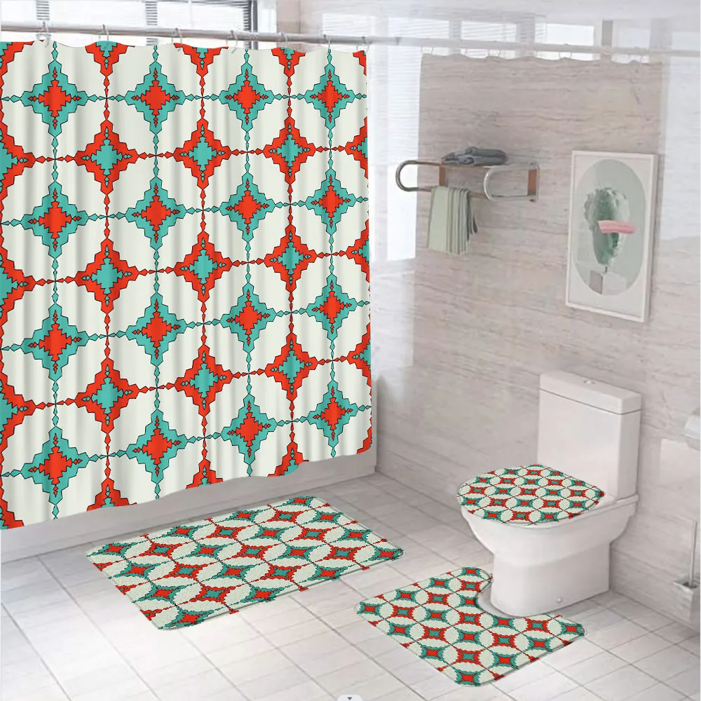 

Colorful Geometric Morden Bathroom Set Fabric Shower Curtain Soft Rug Bath Mat Lid Toilet Cover Carpet Bathtub Screen Home Decor