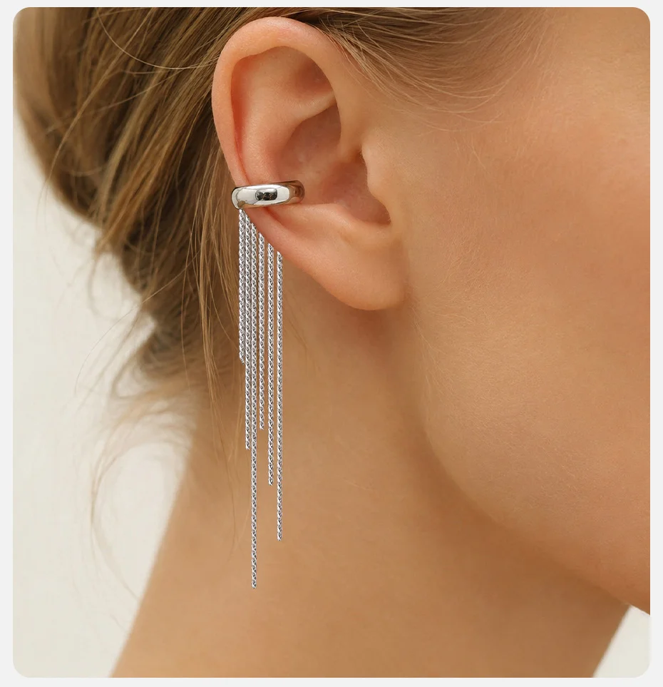 Vnox Trendige Lange Quasten-Ohrclips für Damen aus Edelstahl, Ohne Piercing, Wasserdicht, Antiallergisch – Detail 3