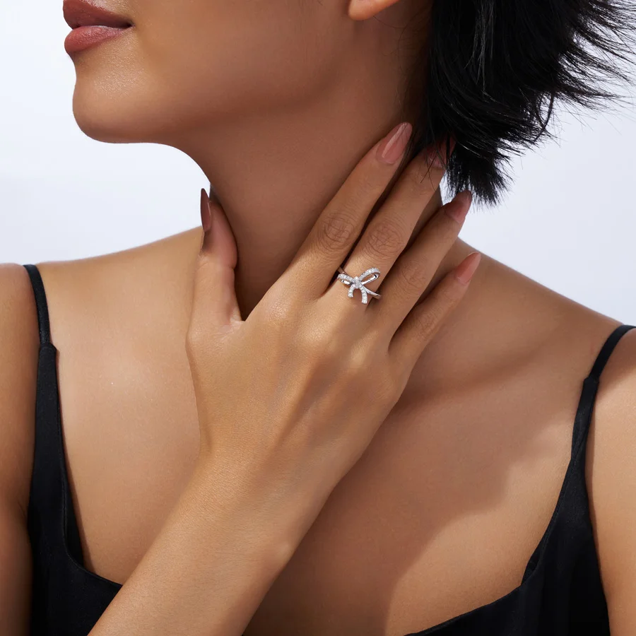 JIUZUAN Bowknot تصميم خاتم S925 الفضة 18K مطلية بالذهب مطعمة الزركون تألق النهاية لارتداء اليومي هدية خاتم مجوهرات أنيق #2