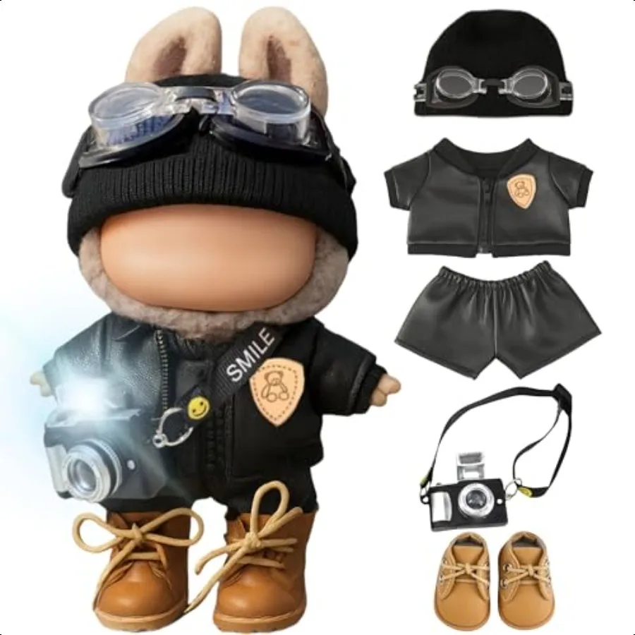 

Clothes for 17cm Labubu No Doll 6Pcs Leather Jacket with HatGoggles Flash Camera Boots StreetStyle Accories Compatible with Lab