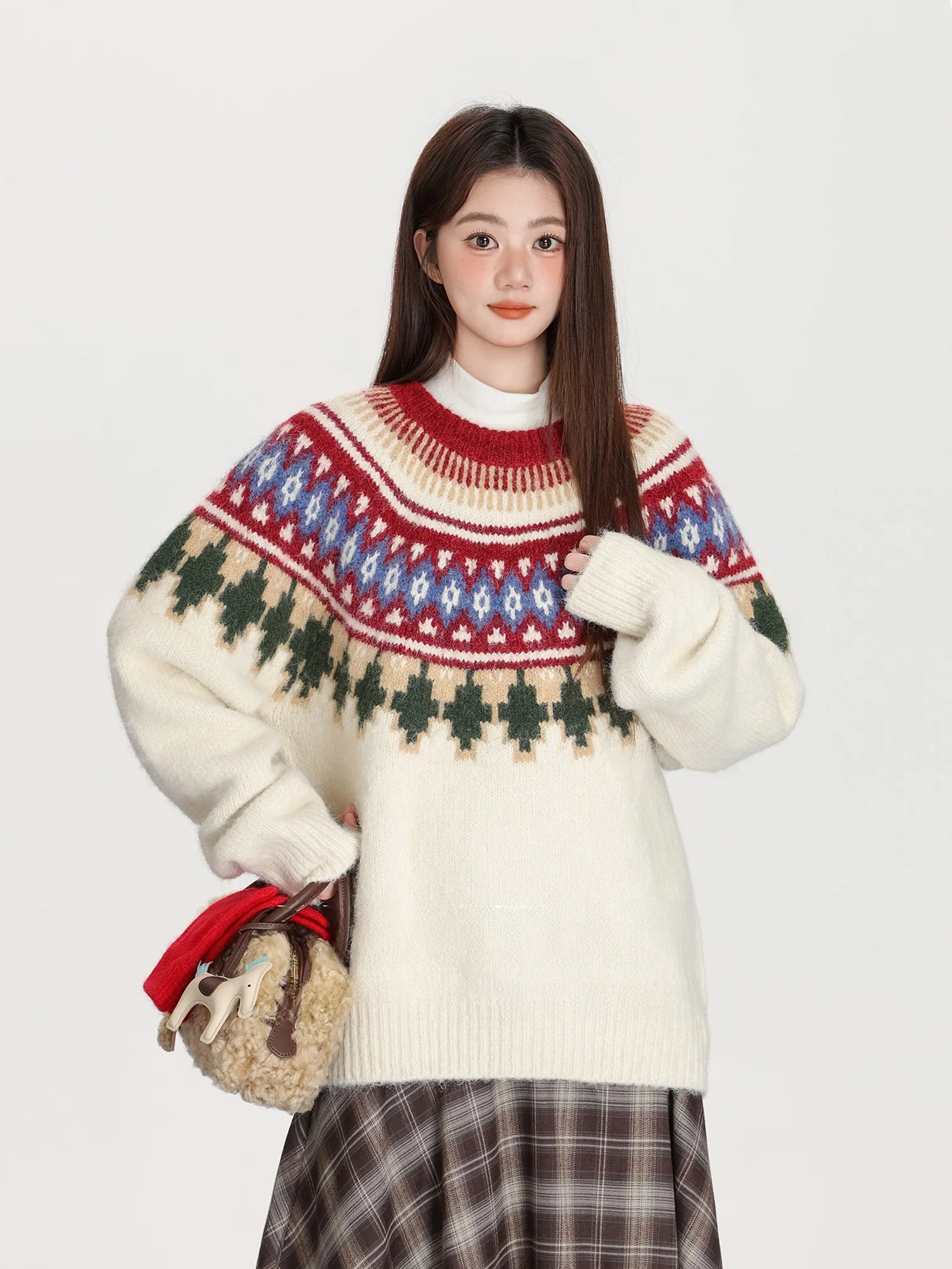 

Новый женский свитер-пуловер в стиле ретро с узором Fair Isle, свободного кроя, осенне-зимний, повседневный, модный, вязаный топ
